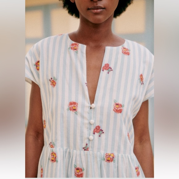 Sezane Saphir Dress in Embroidered Flowers on Blue Stripes Size 42 - Picture 5 of 11